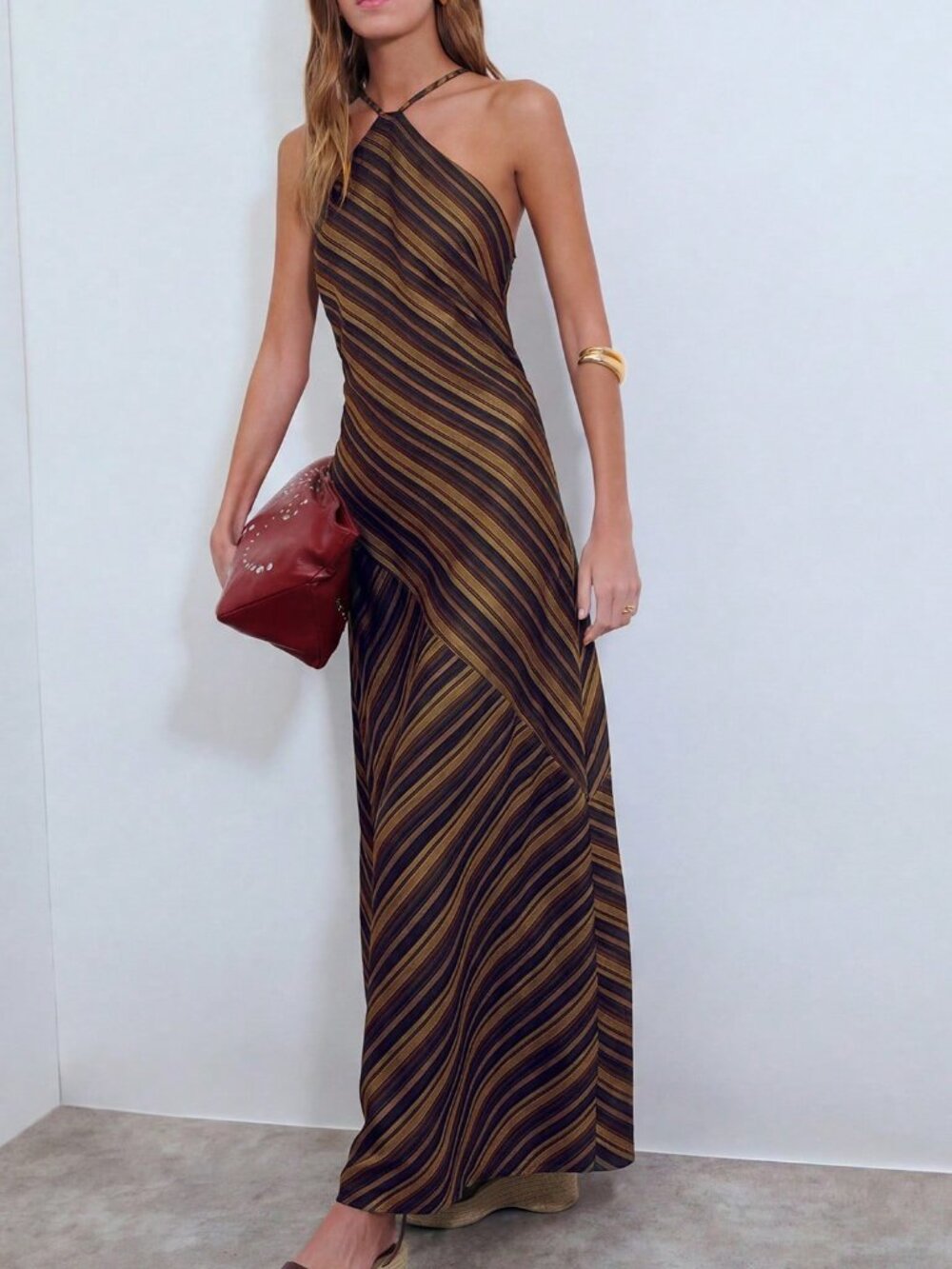 Brown Casual Women's Striped Backless Knot Halter Midi Dress